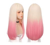 Wig for Women Long Blonde Gradient Pink Wig with Bangs Synthetic Long Straight Wig for Girls Women Soft Natural Heat Resistant Cosplay Party Costume Wig Wig
