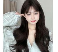 Wig For Women With Black Brown Long Curly Hair And Big Waves, Daily Empty Bangs, Natural Full-Head Wig