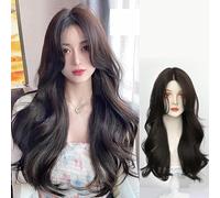 Wig Hand-Woven Front Lace Wig For Women Black Brown Big Wavy Eight-Character Bangs 65-70Cm
