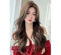 Wig Hand-Woven Front Lace Wig For Women Cold Brown Big Wavy Eight-Character Bangs 65-70Cm