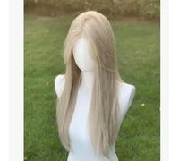 Wig Hand-Woven Front Lace Wig For Women Linen Platinum Long Straight Hair Eight-Character Bangs 60-65Cm