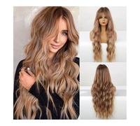 Wig, Ladies wig elegant eight-character bangs Brown long curly hair high temperature silk chemical fiber headgear wigs,Human hair wig