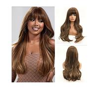 Wig Long Highlights Wave Wigs With Bangs, Synthetic Brown Mixed Blonde Natural Wave Hair Wigs For Women Heat Resistant Highlights Wigs For Daily Use Grey Wigs For Women