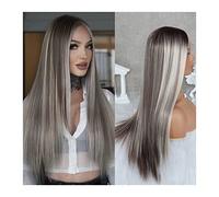 Wig Long Straight Hair Ash Blonde Highlights Lace Wigs Pre Plucked Natural Hairline T Part Glueless Heat Resistant Synthetic Lace Front Wigs For Women Grey Wigs For Women (28Inches 4X1 T Part Lace Wi