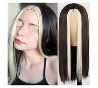 Wig Long Straight Synthetic Wig Light Blue Wigs For Women Mixed Black And Blonde Wig Middle Part Nature Hair Grey Wigs For Women (13 * 26 Inch)