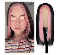 Wig Long Straight Synthetic Wig Light Blue Wigs For Women Mixed Black And Blonde Wig Middle Part Nature Hair Grey Wigs For Women (7 26 Inch)