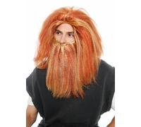 WIG ME UP - 108-A+B-ZA35+ZA130 Wig & Beard Set Halloween Carnival Men Male Wild Prehistoric Man Hermit Stone Age Orange Blond and Red