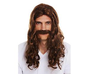 WIG ME UP - 70666-FR6-8 wig and beard carnival men long wavy curly brown middle ages viking 70's hippie