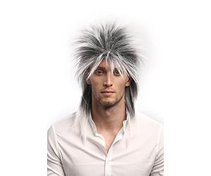 WIG ME UP - 90891-ZA60TZA1 Men & Ladies Party Wig Halloween 80s Punk Wave Pop Star Black & Grey backcombed spiky mullet