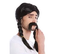 WIG ME UP - 91099-ZA103 Man Gents Party Wig & Mustache Set Halloween Fancy Dress black long braids braided plaited Gaul Viking Norman Celt
