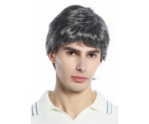 Wig Men Women Unisex Short Light Wavy Dark Brown Gray Mottled