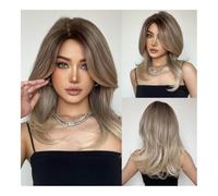 Wig, New Gradient Micro-split Eversion French Bangs Micro-roll Medium Long Hair Chemical Fiber Wig Full Head,Human hair wig(Gradient Brown)