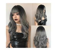 Wig Ombre Gray Wig with Bangs Long Ombre Gray Wig with Black Root Long Grey Wigs for Women Heat Resistant Synthetic Wavy Wigs for Daily Party Daily Wigs
