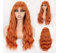 Wig, Orange Synthetic Long Wig with Neat Bangs for Women,Human hair wig