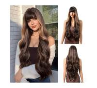 Wig, Qi bangs long curly hair temperament goddess and waist fluffy wig full hair wig,Human hair wig(Darkbrown)