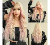 Wig Red Brown Synthetic Curly Wig with Bangs for Women Daily Wear(Pink white)