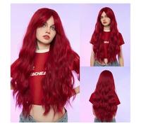 Wig, Red Gradient Eight-character Bangs Big Wave Long Curly Hair Fashion Full Halloween Wig,Human hair wig(Raspberry Red)
