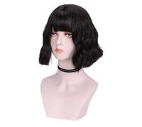 Wig Short Hairstyle Water Wavy Wigs For Women Synthetic Hair With Bangs Mixed Black Brown Haze Blue Wig Grey Wigs For Women (B 10 Inch)