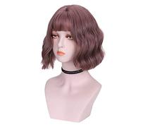 Wig Short Hairstyle Water Wavy Wigs For Women Synthetic Hair With Bangs Mixed Black Brown Haze Blue Wig Grey Wigs For Women (3 10 Inch)