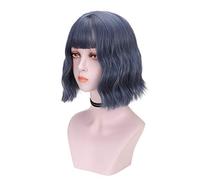 Wig Short Hairstyle Water Wavy Wigs For Women Synthetic Hair With Bangs Mixed Black Brown Haze Blue Wig Grey Wigs For Women (2 10 Inch)