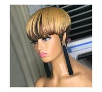 Wig Short Human Hair Pixie Cut Wigs with Bangs Black and Blonde Straight 150% Density