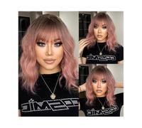 Wig Short Ombre Pink Bob Wig with Bangs Synthetic Curly Dark Roots Wigs for Women Shoulder Long Cosplay Daily Hair Heat Resistant