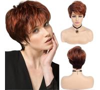 Wig Short Pixie Cut Wig Copper Red Synthetic Wigs with Side Bang Dark Roots Ombre Wig for Women Natural Wave Hair