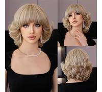 Wig Short Silvery Blonde Retro Bob Wig with Bangs for Women Daily Party Synthetic Straight Light Blonde Wigs