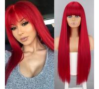 Wig, Straight Bangs Synthetic Long Wig with Hairline,Human hair wig(Bright red)
