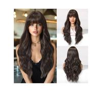 Wig, Summer thin wig full hair retro black brown neat bangs high cranial long curly wigs,Human hair wig