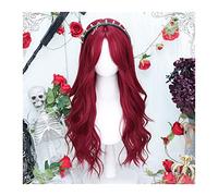 Wig Synthetic Hair Long Wavy Curly Wig With Bangs, Middle Part Red Wave Wig For Women Long Lolita Cosplay Heat-Resistant Wig Grey Wigs For Women
