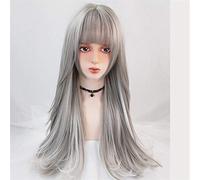 Wig Synthetic Wig Lady Long Gray Highlighting Straight Wig With Bangs For Women Heat-Resistant Rose Net Grey Wigs For Women (24 Inch)