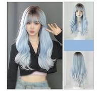 Wig With Bangs Women's Gradient Blue Wavy Wig Long Curly Wavy Wig Natural Look Synthetic Heat Resistant Fiber Wig Suitable For Music Festivals, Theme Parties And Dates pelucas de mujer pelo humano