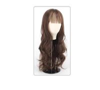 Wig Women'S Long Curly Hair Big Wave Air Bangs Wig Set Full Head Cover Dark Brown