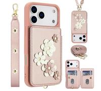 Wigento Crossbody Faux Leather Case for Apple iPhone 17 Pro with Flower Motif and Card Slot Rose Gold