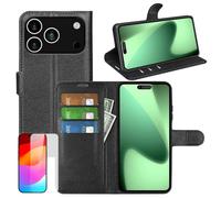 Wigento For Apple iPhone 17 Pro Max Faux Leather Book Wallet Case Black + 9H Hard Glass