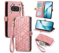 Wigento For Nothing Phone 3a Geometric Design Faux Leather Zipper Book Wallet Case with Loop Pink