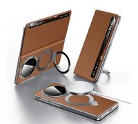 Wigento Magnetic Leather Case for Honor Magic V6, Compatible with MagSafe, Smart View Window, Stand Function, Genuine Leather Phone Case (Brown)