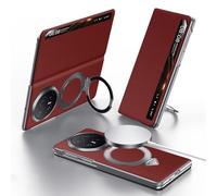 Wigento Magnetic Leather Case for Honor Magic V6, Compatible with MagSafe, Smart View Window, Stand Function, Genuine Leather Phone Case (Red)