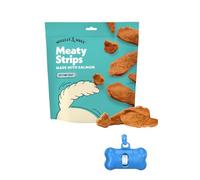 Wiggles & Wags Meaty Strips Dog Treats, Salmon Flavor, 16 oz with DN Essentials Bone Shaped Waste Bag Dispenser & Free Roll