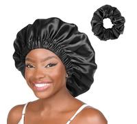 WIGI® 100% Silk Satin, Double-Layer, Silk Bonnet for Sleeping Satin Bonnet with Scrunchie Gift, Breathable & Adjustable, Black, 2