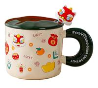 wigmoa B-ZZ Lion Dance Ceramic Mug with Lid & Spoon, 400ML Coffee Cup for Tea & Coffee, Cute Mug for Men & Women, Unique Tea Mug with Lion Dance Design. (Green)