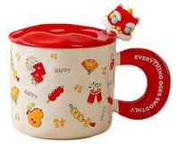 wigmoa B-ZZ Lion Dance Ceramic Mug with Lid & Spoon, 400ML Coffee Cup for Tea & Coffee, Cute Mug for Men & Women, Unique Tea Mug with Lion Dance Design. (Red)