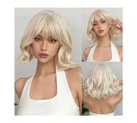 Wigs Blonde Short Curly Bob Synthetic Wigs with Bangs Platium Golden Lolita Cosplay Wigs for Women Daily Party Cosplay Heat Resistant Women Wig(WL1147-1)
