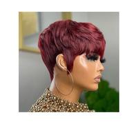 Wigs Chocolate Brown Short Pixie Cut Wig Human Hair Machine Made Wigs with Bangs Women Wig(99J Burgundy)