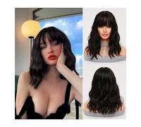 Wigs Daily Use Women's Holiday Party High Qualit Natural Black Wig Long Curly Bob Synthetic Heat Resistant Wig Natural Wavy Bangs Wig Women Wig(Natural Black)