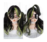 Wigs for Women Black Highlights Green Cosplay Wig, Long Wave Curly Wig with Curtain Bangs for Women Girls Natural Synthetic Wave Party Halloween Wig for Party Cosplay Wig