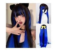 Wigs for Women Black Mixed Blue Wig with Bangs 80cm Long Straight Hair Wig Synthetic Straight Cosplay Wig Breathable Heat-resistant Fiber Wig Party Halloween Use for Party Cosplay Wig