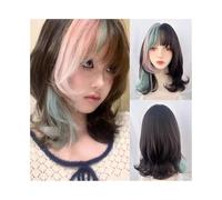 wigs for women Black Pink Green Highlights Short Wavy Wig with Bang Synthetic Women Fluffy Cosplay Wig wig with bangs