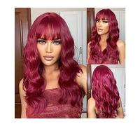 Wigs for Women Burgundy Wine Red Long Curly Synthetic Wigs with Bangs Mid-Length Cosplay Wave Wig for Women Afro Natural Heat Resistant Hair Wig for Daily Party Use